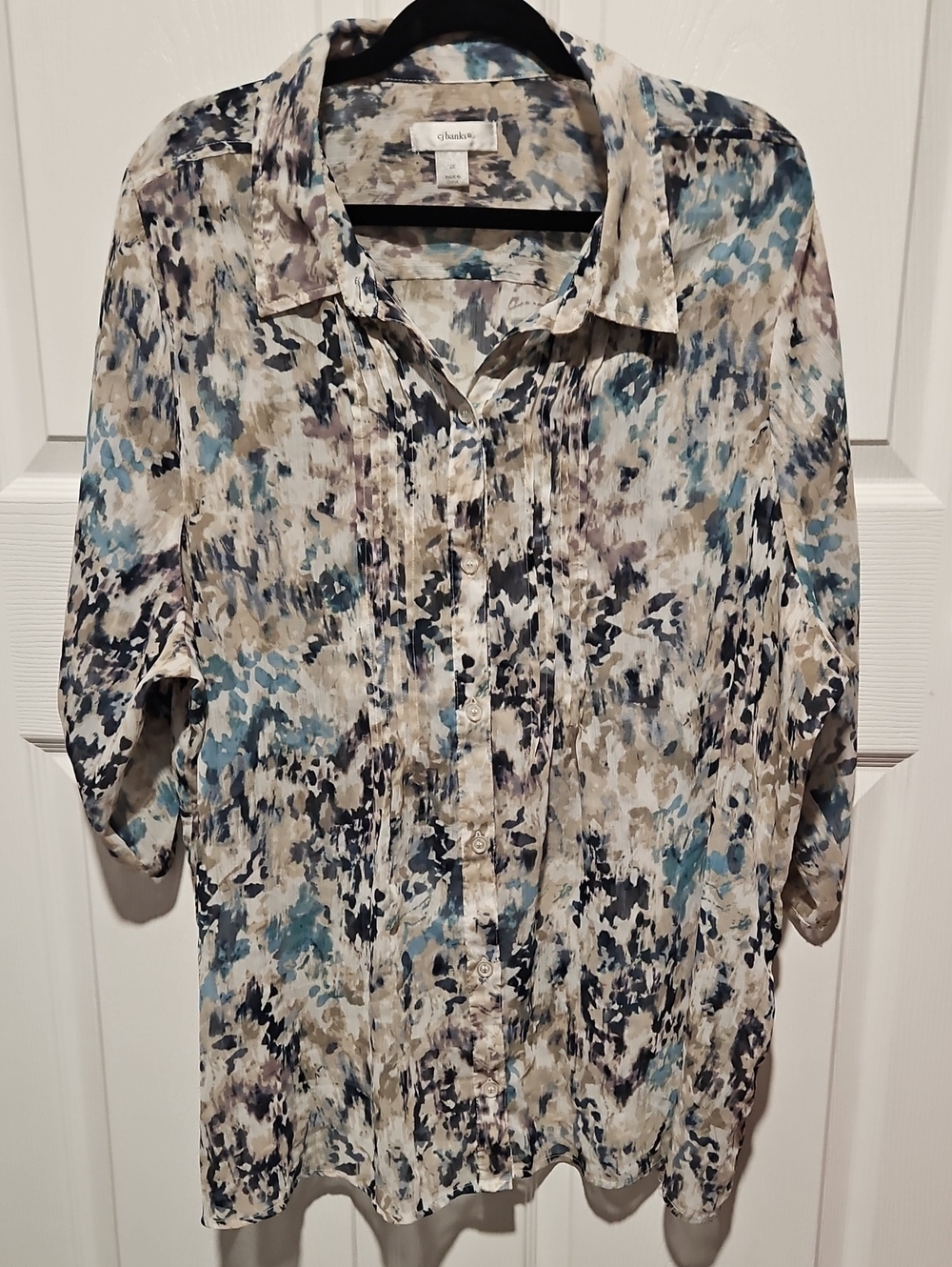 CJ Banks Abstract Print Button-Down Shirt - Blue & Cream & Black